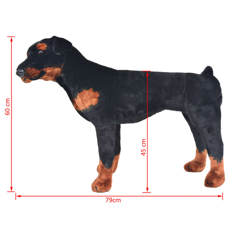 Stående leksakshund rottweiler plysch svart och brun XXL