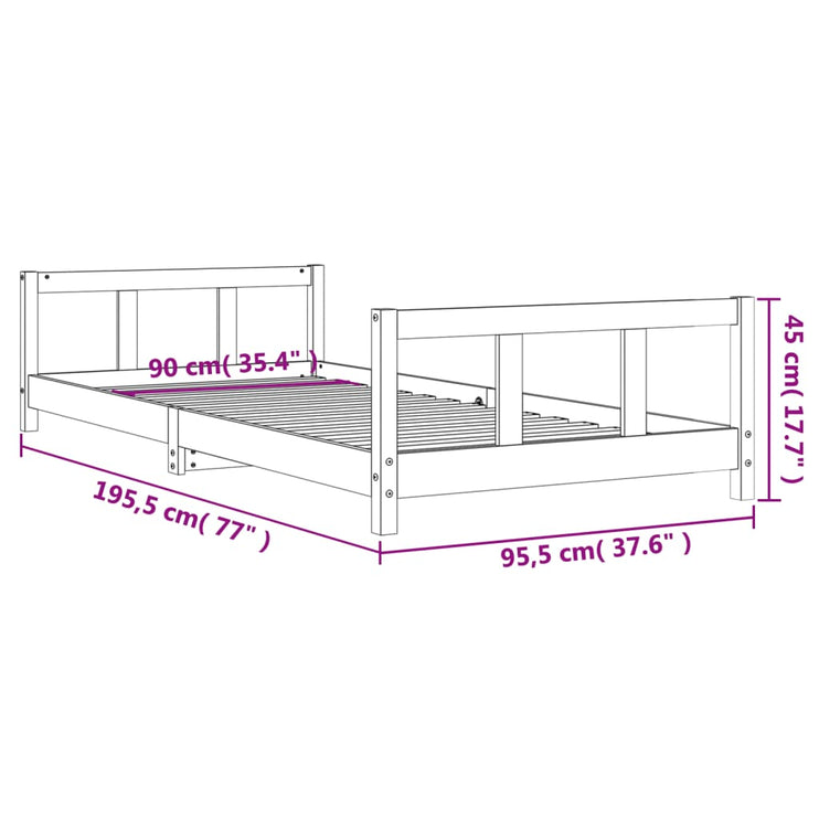 Sängram för barn vit 90x190 cm massiv furu