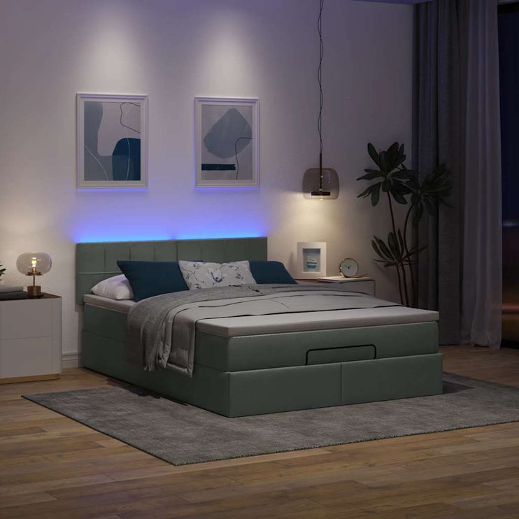 Ottoman säng med madrass och LED-lampor mörkgrå 140x190 cm tyg