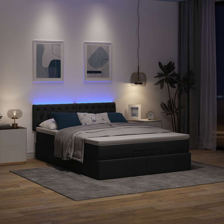 Ottoman säng med madrass och LED-lampor svart 140x190 cm tyg