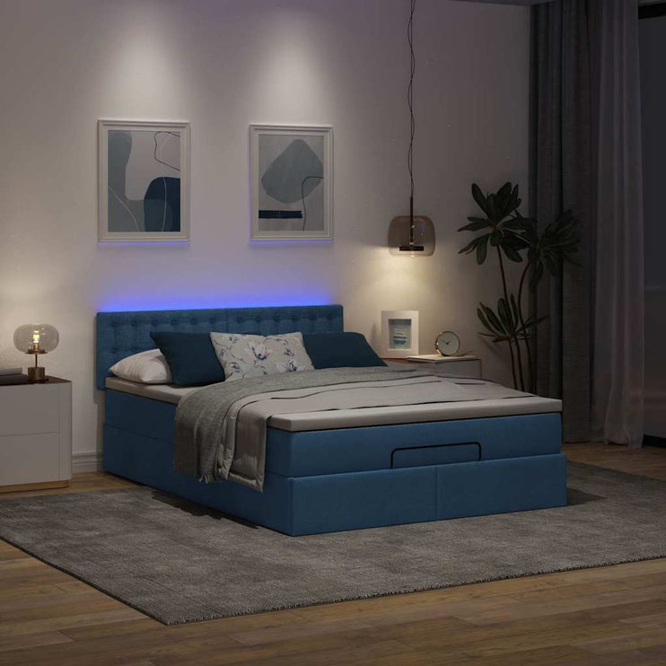 Ottoman säng med madrass och LED-lampor blå 140x190 cm tyg